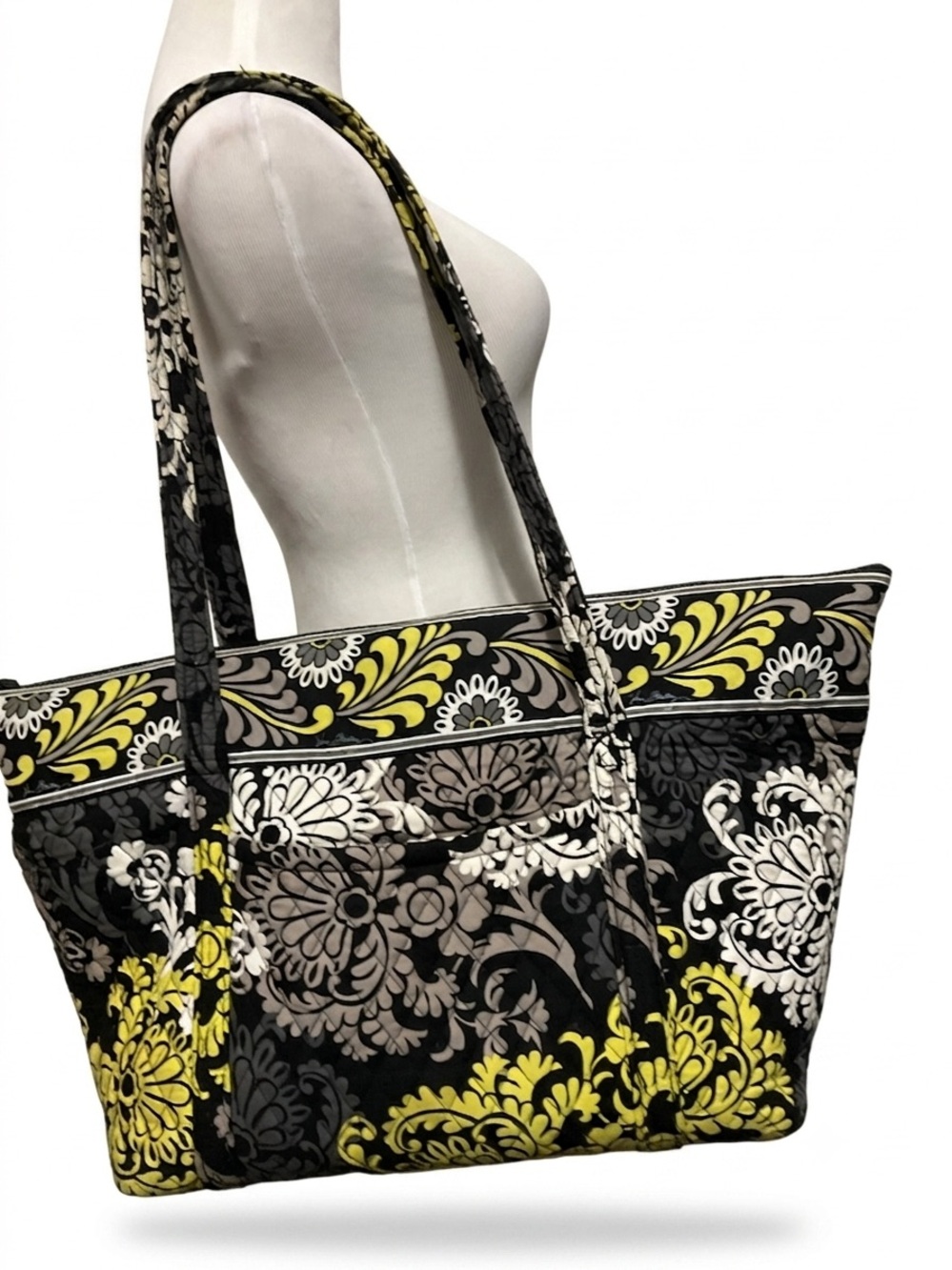 Vera Bradley Quilted Baroque Tote in Black, Yellow & Gray Large